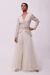 Buy_Onaya_Off White Georgette Embroidery Sequin Floral Tunic And Flared Pant Set  _at_Aza_Fashions