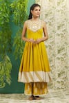 Shop_Alaya Advani_Yellow Cotton Embroidery Mirror And Thread Scoop Neck Yoke Anarkali & Palazzo Set _Online_at_Aza_Fashions