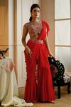 Buy_Nehha Nhata_Red Georgette Embroidery, Tassels Round Neck Draped Gharara Saree With Blouse _at_Aza_Fashions