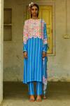 Buy_Swati Vijaivargie_Blue Silk Embroidery Boat Neck Champa Striped Print Kurta And Pant Set _at_Aza_Fashions