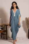 Buy_Vanshika Agarwal Label_Blue Lining Taffeta, Metallic Georgette Pearl V Neck Zola Embroidered Kaftan _at_Aza_Fashions
