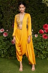 Buy_Bohame_Yellow Satin Chiffon Hand Anisa Pre-draped Concept Pant Saree With Blouse _at_Aza_Fashions