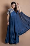 Buy_Kesar Studio_Blue Bamberg Silk (80 Grams) Embroidery Gitti Round Sleeve Gown _at_Aza_Fashions