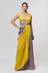 Buy_DiyaRajvvir_Yellow Georgette Printed Stripe U Neck Gharara Saree With Blouse _at_Aza_Fashions