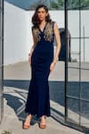 Buy_House of Fett_Blue Twill Knit Embroidered Crystal V Neck Palais Mermaid Gown For Women_at_Aza_Fashions