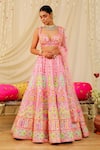 Buy_Rajbinder Chahal_Pink Dupion Silk Embroidery Mirror Sweetheart Neck Applique Bridal Lehenga Set _at_Aza_Fashions