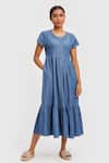 Buy_Reistor_Blue Tencel Plain Round Neck Tiered Shirt Dress _at_Aza_Fashions