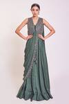 Buy_Onaya_Green Satin Geometric Print Saree Gown_at_Aza_Fashions