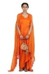 Buy_Seema Nanda_Orange Bamberg Satin Embroidery Harnoor Asymmetric Hem Cape With Dress  _at_Aza_Fashions