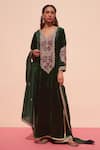 Buy_Angad Singh_Green Velvet Embroidered Floral V Neck Kurta Palazzo Set _at_Aza_Fashions