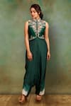 Buy_Garo_Emerald Green Jacket  Tussar Embroidered Floral Motifs Short And Pant Set _at_Aza_Fashions