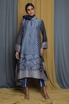 Buy_Krishna Mehta_Blue Tussar Keyhole Neck Geometric Hand Block Print Tunic _at_Aza_Fashions