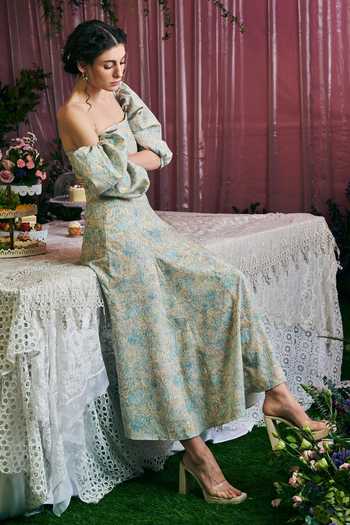 Buy_Therealb_Multi Color Polyester Square Neck Fallen Angel Puffed Sleeve Printed Dress  _at_Aza_Fashions