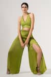 Buy_Amrta By Guneet Kondal_Green Viscose Halter Neck Careless Whispers Top And Wide Legged Pant Set _at_Aza_Fashions