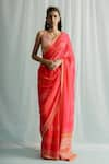 Buy_Surbhi Gupta_Pink Saree Georgette Print Geometric V Neck Siah Block With Blouse  _at_Aza_Fashions