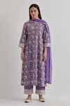 Buy_Priya Chaudhary_Purple Cotton Embroidery Split V-neck Floral Print Kurta Pant Set _at_Aza_Fashions