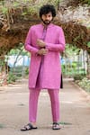 Buy_Hilo Design_Purple Dupion Silk Embroidery Checkered Sherwani Set _at_Aza_Fashions