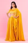 Buy_PIRI INDIA_Yellow Milano Satin Hand Embroidered Glass Cowl Pre-draped Saree Set  _at_Aza_Fashions