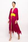 Buy_Neora By Nehal Chopra_Wine Bemberg Modal Silk Solid Plunge V Asymmetrical Color Blocked Cape  _at_Aza_Fashions