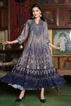 Buy_Bairaas_Blue Rayon Embellished Royal Palace Pattern And Stone Work Notched Round Dress_at_Aza_Fashions