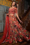 Buy_Vana Ethnics_Orange Viscose Printed Floral Scallop V Neck Pleated Bridal Lehenga Set _at_Aza_Fashions