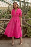 Buy_Kacha Tanka_Pink Dupion Art Silk Hand Embroidery Danka V Neck Work Midi Dress _at_Aza_Fashions