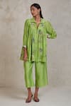 Buy_Sue Mue_Green Handwoven Pure Chanderi Embroidered Aari Sabi Shirt And Culottes Set _at_Aza_Fashions