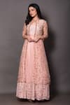 Buy_Vara by Vibha n Priti_Peach Chiffon And Organza Print Floral Jacket Round Pleated Lehenga Set _at_Aza_Fashions