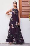 Buy_Varun Bahl_Purple Georgette Printed Leaf Botanical Round Maxi Dress_at_Aza_Fashions