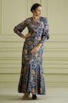 Buy_AFFROZ_Blue Russian Silk Printed Paisley Jaal V Neck Flared Dress _at_Aza_Fashions