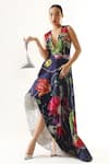 Buy_Mahima Mahajan_Blue Organza Satin And Shantoon Print Floral V Neck High Low Hem Gown _at_Aza_Fashions