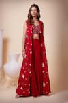 Buy_Saaj by Ankita_Red Silk Chinon Embroidered Aari Cape Open Sharara Set _at_Aza_Fashions