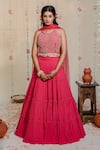 Buy_Redpine Designs_Fuchsia Georgette Hand Embroidered Mirror Round Pleated Lehenga Set _at_Aza_Fashions