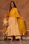 Buy_POMCHA JAIPUR_Yellow Anarkali And Pant Cotton Printed Leaf V Neck Suraiya Set _at_Aza_Fashions