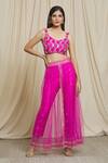 Buy_Divya Kanakia_Pink Silk Sequins, Mirrors, Embroidery Split V-neck Blouse And Overlay Pant Set _at_Aza_Fashions