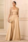 Buy_Tarun Tahiliani_Beige Banana Crepe Embroidery Dori And Crystals Short Cape With Jumpsuit _at_Aza_Fashions