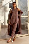 Buy_Dot_Wine Maheshwari, Silk, Cotton Round Neck, Open Striped Jacket With Kurta Set _at_Aza_Fashions
