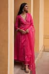 Buy_Zoon_Pink Kurta - 100% Chanderi Embroidered Aari V Neck Angrakha Anarkali Pant Set _at_Aza_Fashions