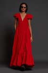 Buy_Mati_Red 100% Cotton Plunge V Neck Solid Gown _at_Aza_Fashions