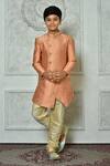 Buy_Petite Pomme_Peach Jacquard, Silk Embroidery Flora Pattern Sherwani And Churidar Set _at_Aza_Fashions