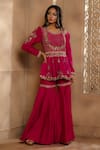 Buy_Omana By Ranjana Bothra_Pink Chanderi Embroidery Round Neck Heer Peplum Top And Gharara Set _at_Aza_Fashions