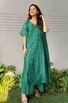 Buy_Ewaz_Green Chanderi Embroidery Floral V Neck Kaftan And Pant Set _Online_at_Aza_Fashions