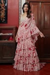 Buy_Arpita Mehta_Red Georgette Embroidered Floral V Neck Garden Print Ruffle Saree With Blouse _at_Aza_Fashions