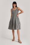 Buy_Indigo Dreams_Black Handwoven Jamdani (100% Cotton) Checkered Lavinia Dress  _at_Aza_Fashions