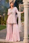 Buy_Mehak Murpana_Pink Georgette, Net, Denim Embroidery, Mirrors V-neck Tiered Sharara Set _at_Aza_Fashions