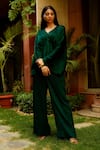 Buy_OMANA BY RANJANA BOTHRA_Emerald Green Satin Plain V Neck Cowl Sleeve Top And Trouser Set _at_Aza_Fashions