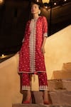 Buy_PREEVIN_Red Kurta And Pant Cotton Mulmul Geometrical Pattern & Set  _at_Aza_Fashions