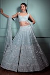 Buy_Pallavi Poddar_Blue Organza Embroidery Mirror Leaf Neck Alpha Geometric Bridal Lehenga Set _at_Aza_Fashions