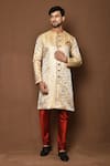 Buy_Aryavir Malhotra_Beige Sherwani Raw Silk Floral Blooming Pattern With Churidar _at_Aza_Fashions