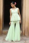 Buy_Nitisha Kashyap Official_Green Georgette, Silk Cut Work, Floral Embroidered Peplum Kurta And Gharara Set _at_Aza_Fashions